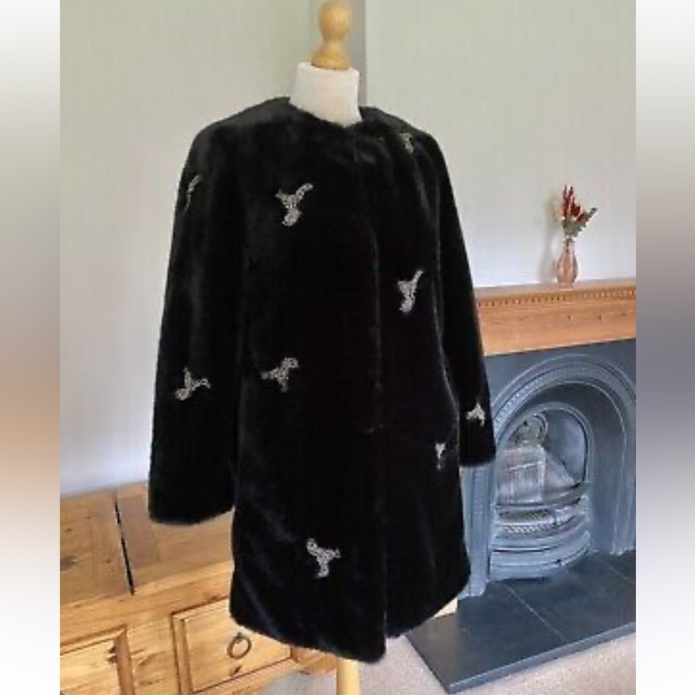 Zara black and diamanté faux fur coat